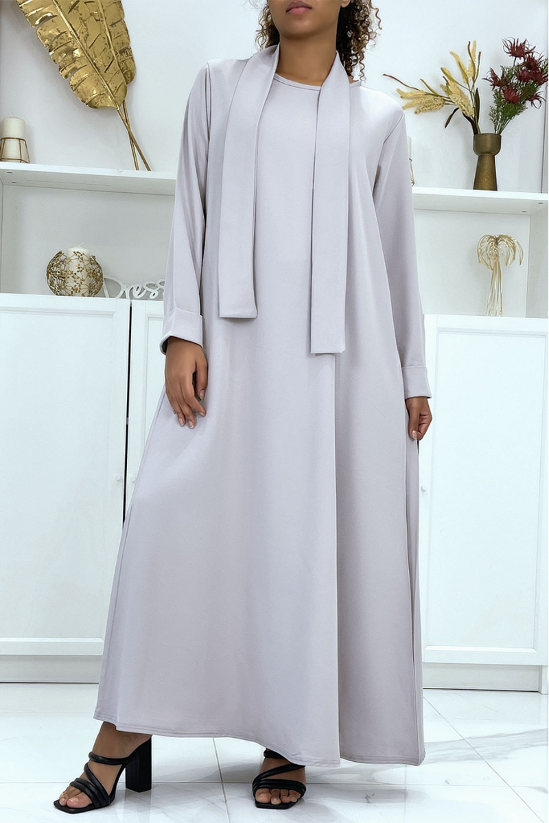 Long gray abaya with pockets and belt - 4