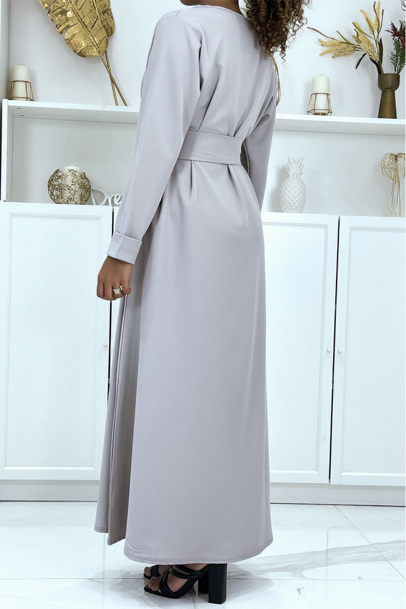 Lange grijze abaya met zakken en riem - 5