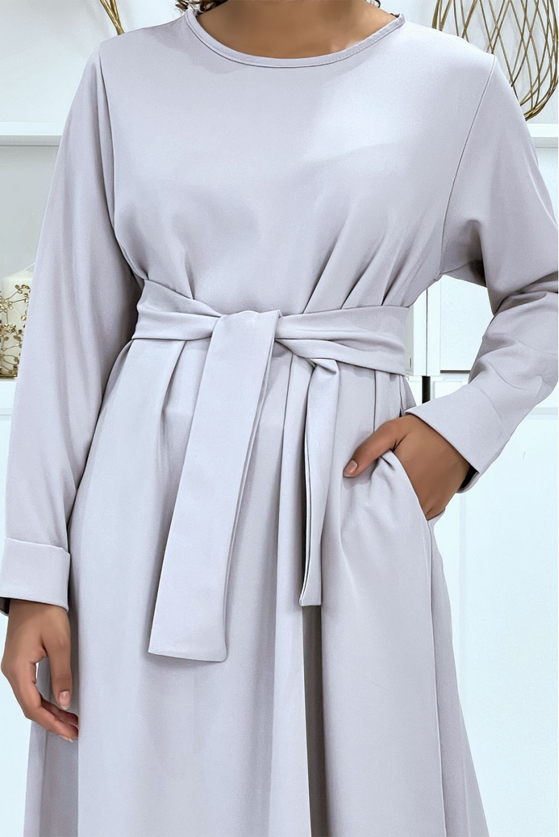 Lange grijze abaya met zakken en riem - 6