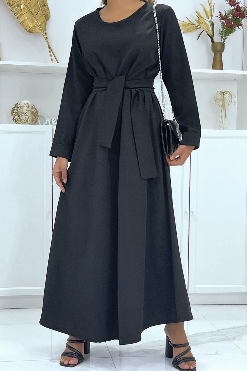 Long black abaya with pockets and belt - 1
