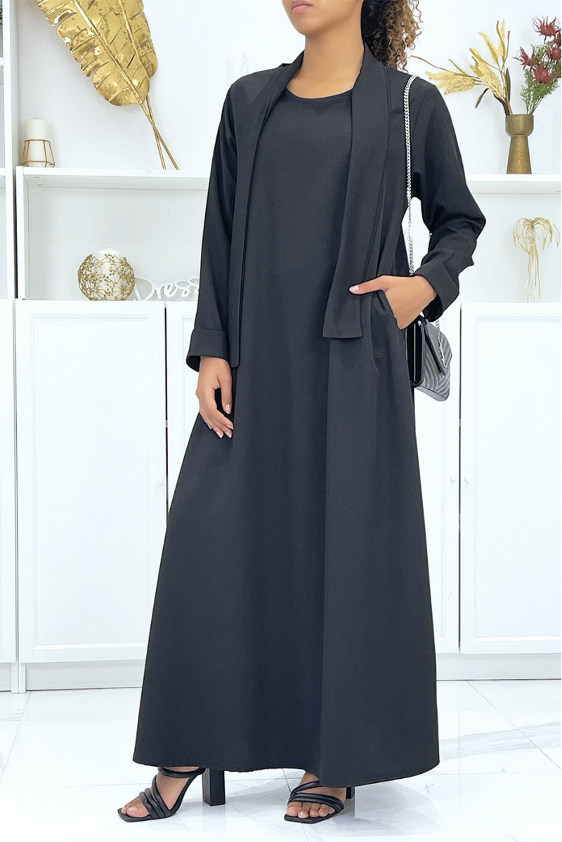 Long black abaya with pockets and belt - 4