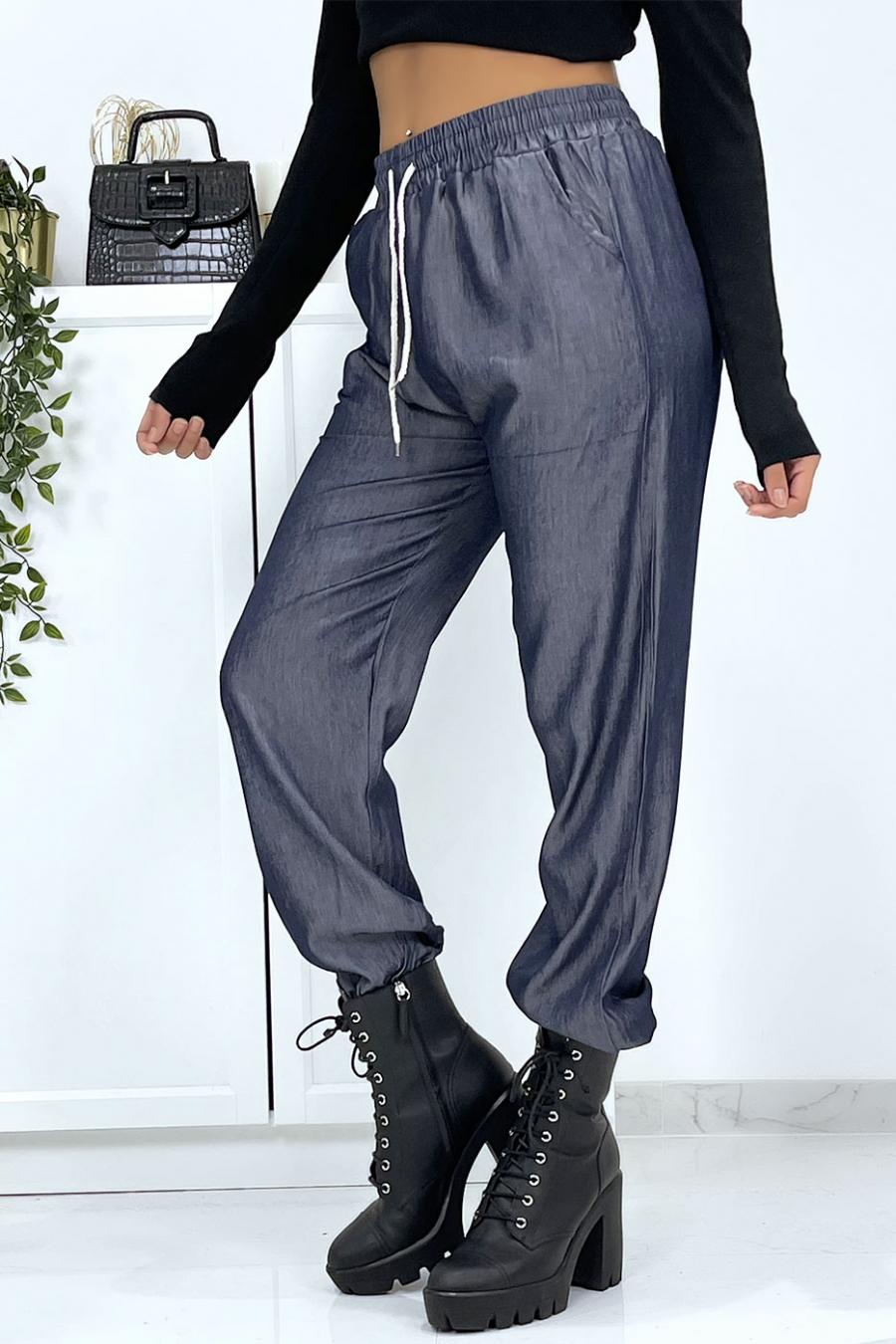 Navy Denim Effect Cargo Pants - 2