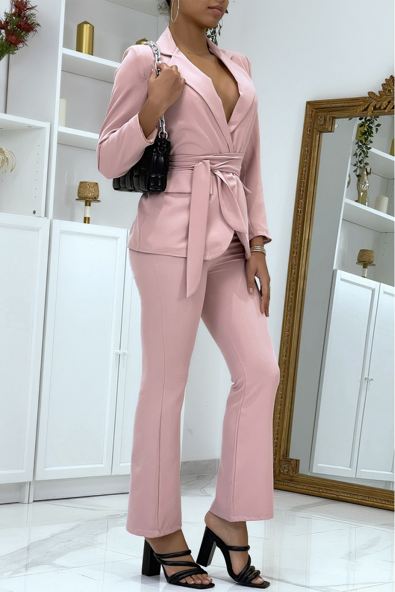 Powder pink belted suit set - 2
