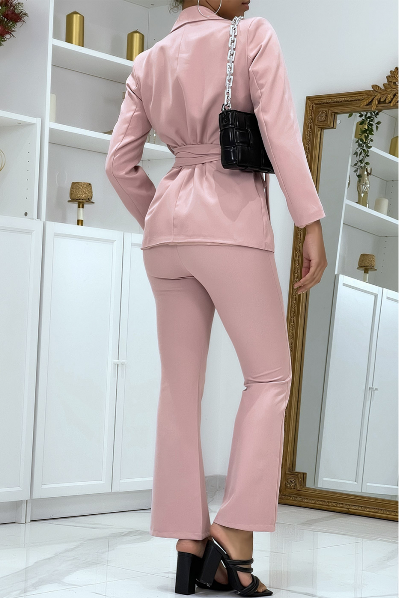 Powder pink belted suit set - 5