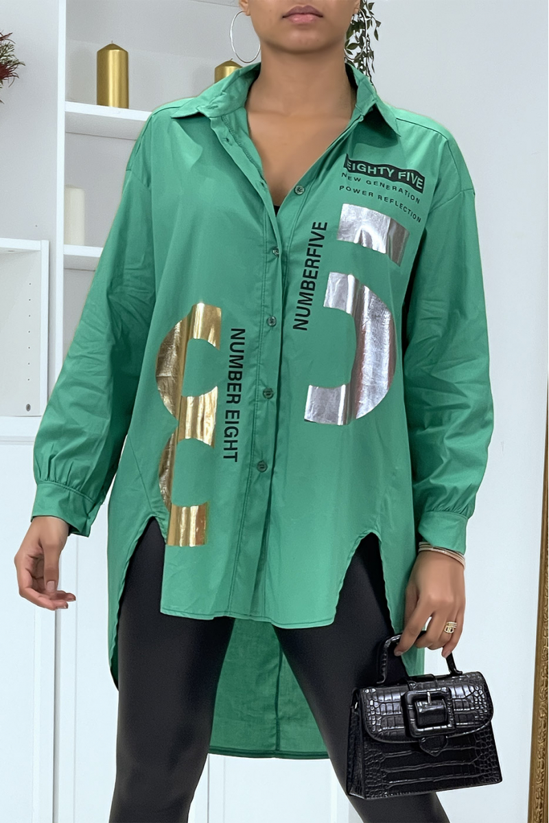 Asymmetrisch groen overhemd met glanzende prints - 2
