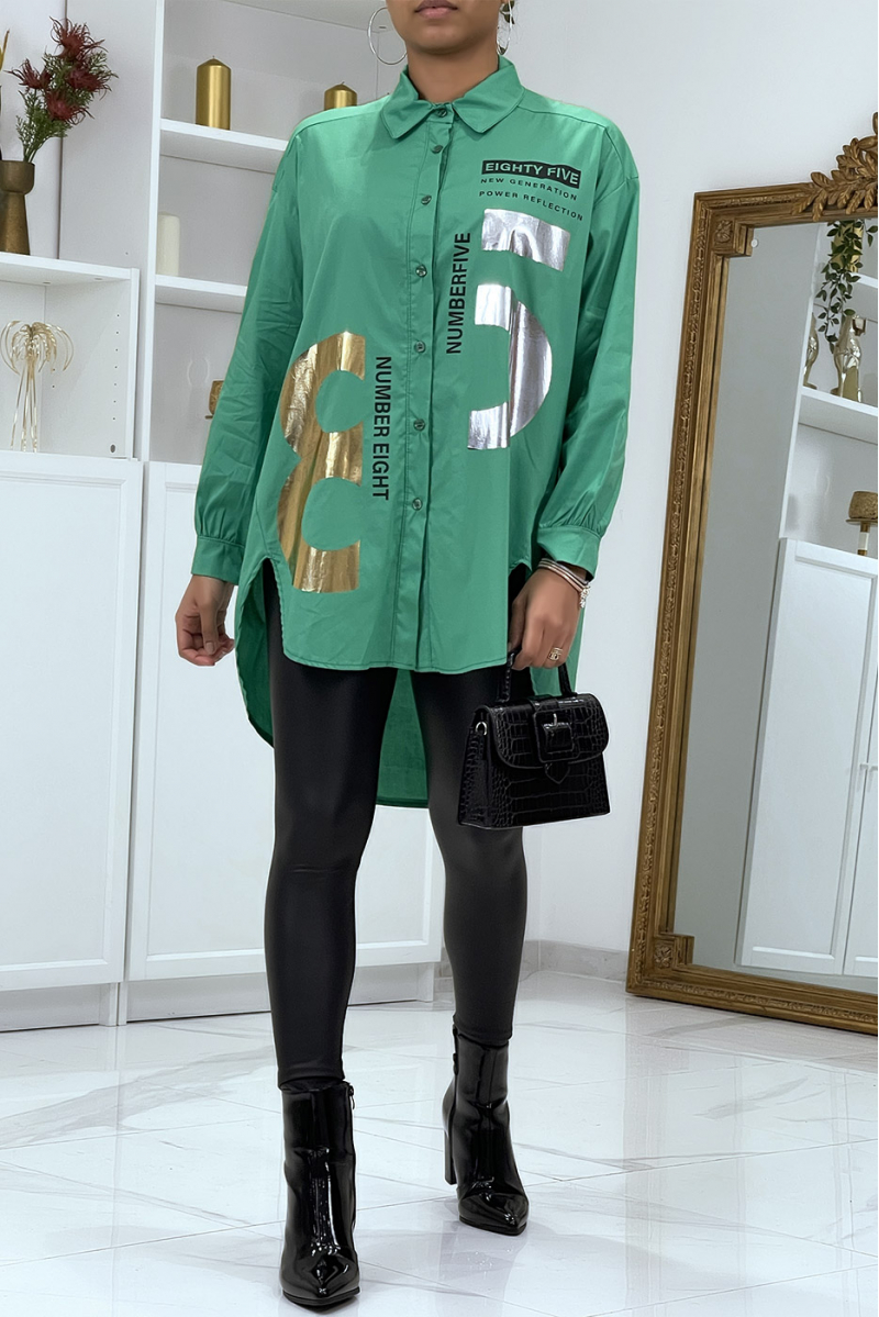 Asymmetric green shirt with shiny prints - 5