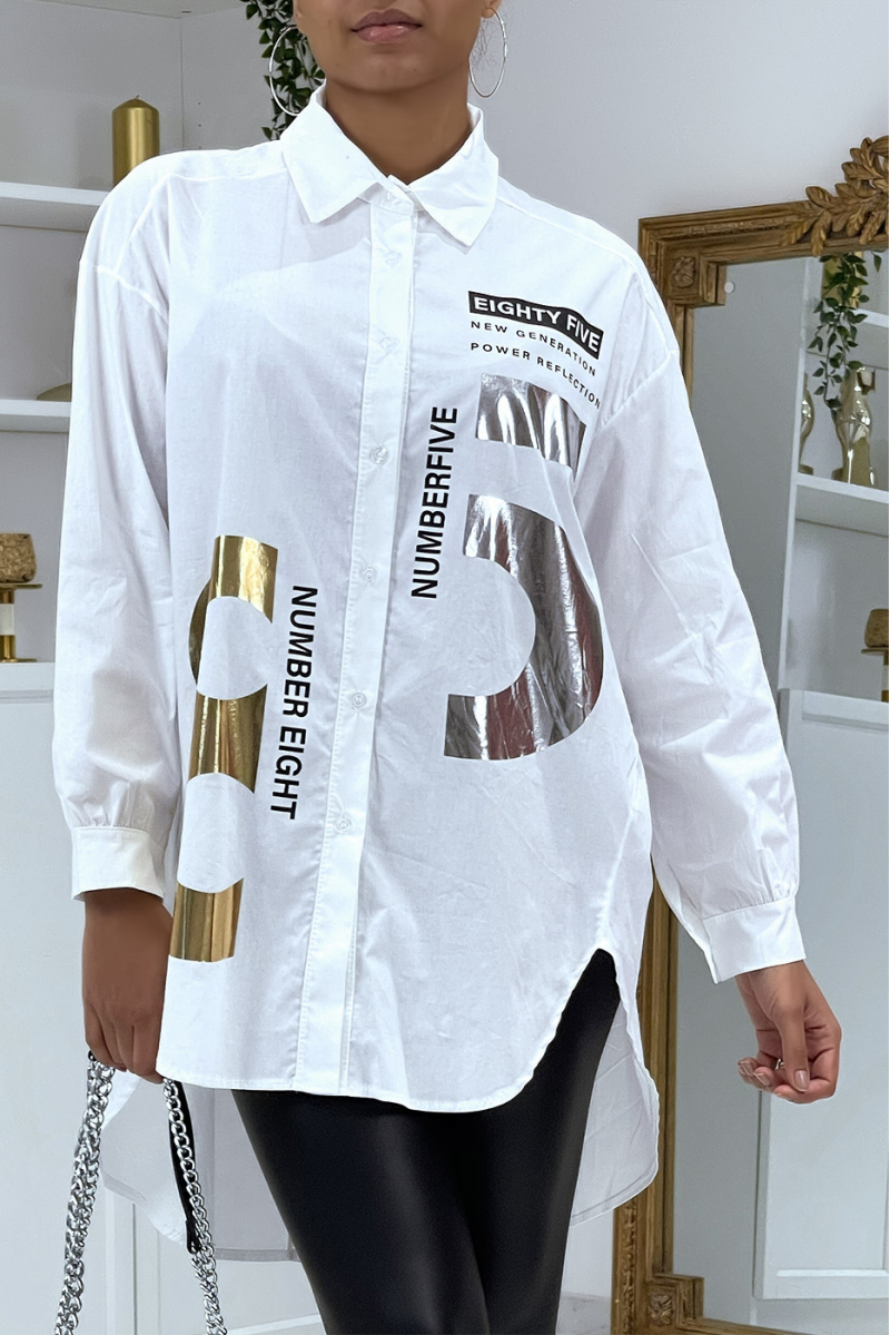 Asymmetric white shirt with shiny prints - 5