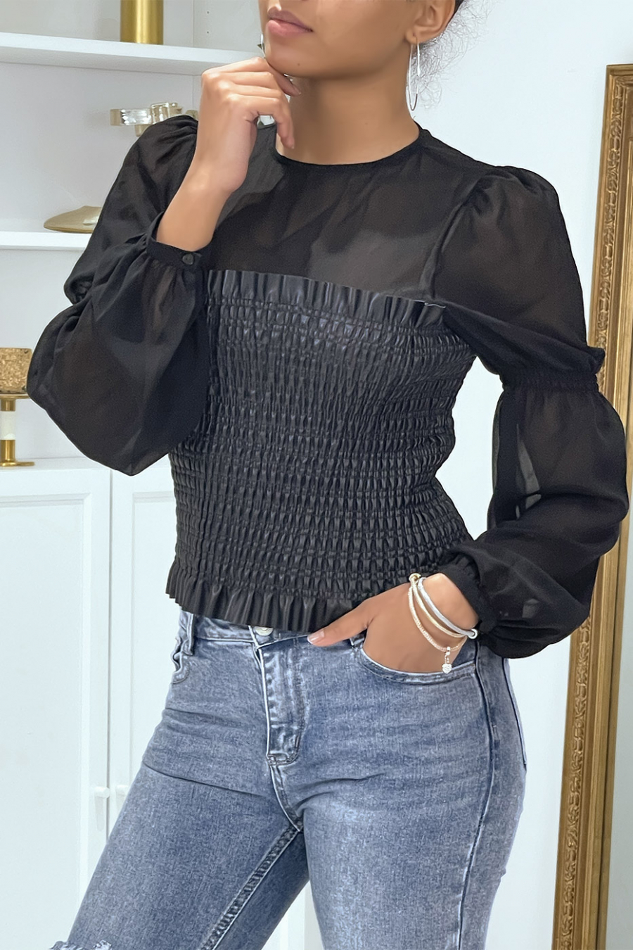 Bi-material tulle and black faux leather top - 3