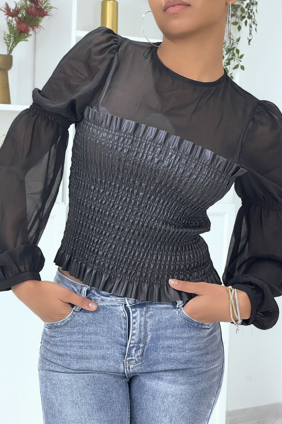 Top uit twee materialen van tule en zwart kunstleer - 6