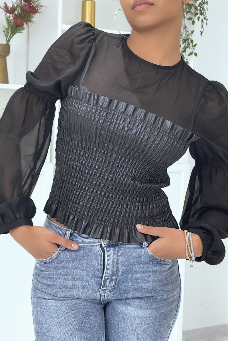 Bi-material tulle and black faux leather top - 6