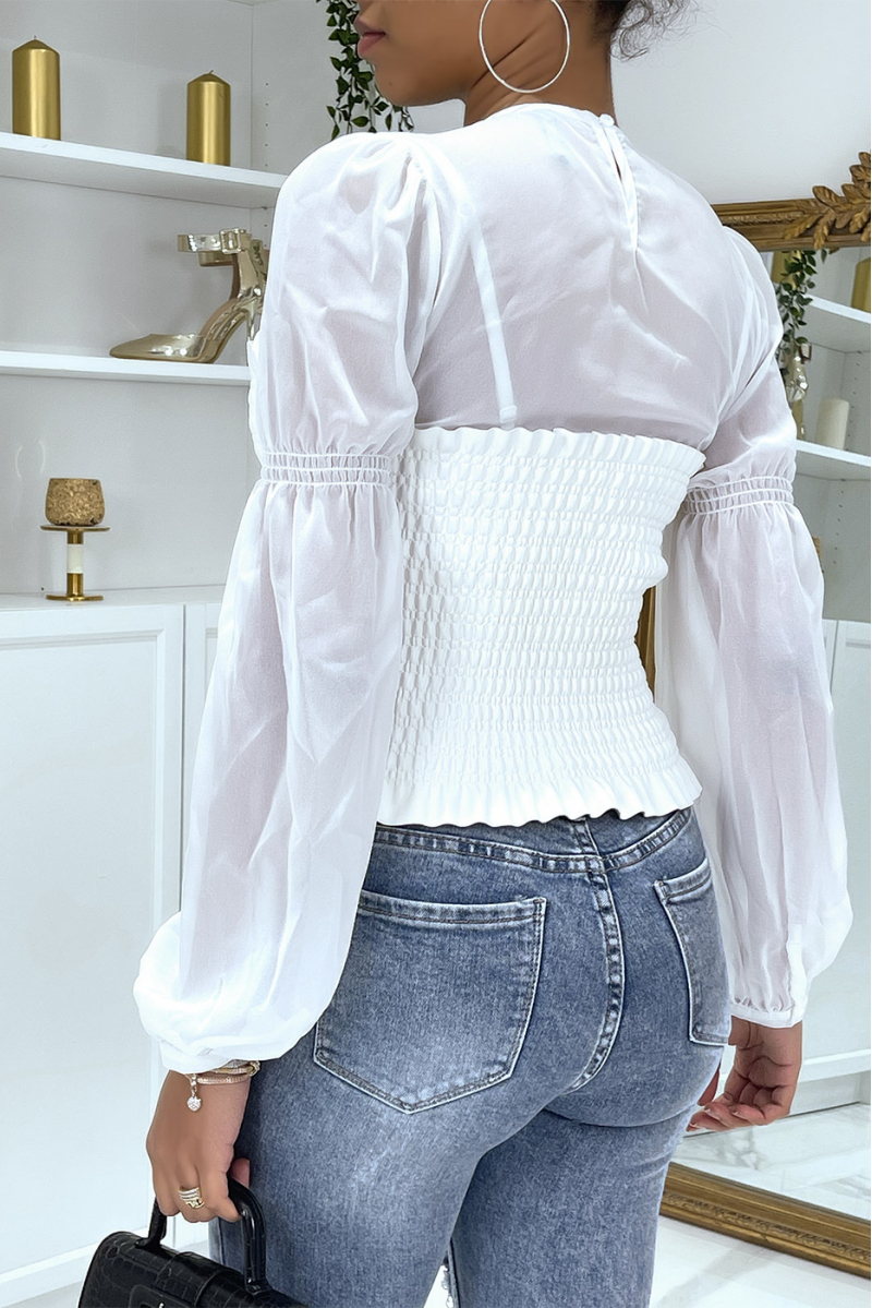 White tulle and faux leather bi-material top - 3
