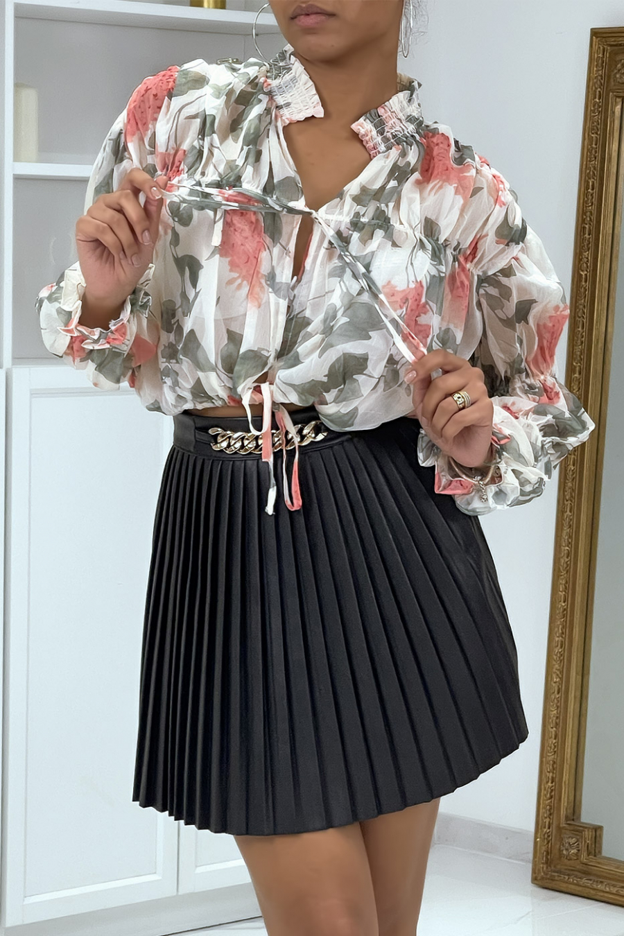 Bloemenblouse om te strikken in witte tule - 3