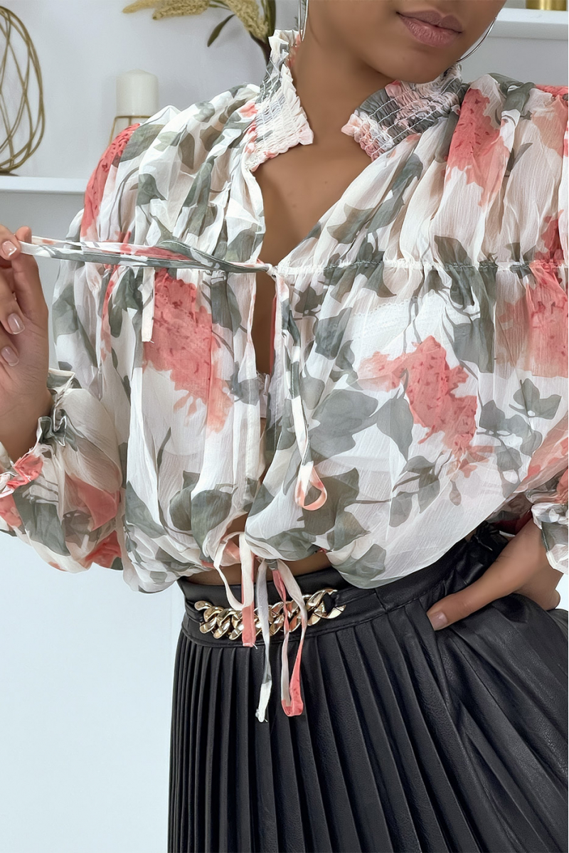 Floral blouse to tie in white tulle