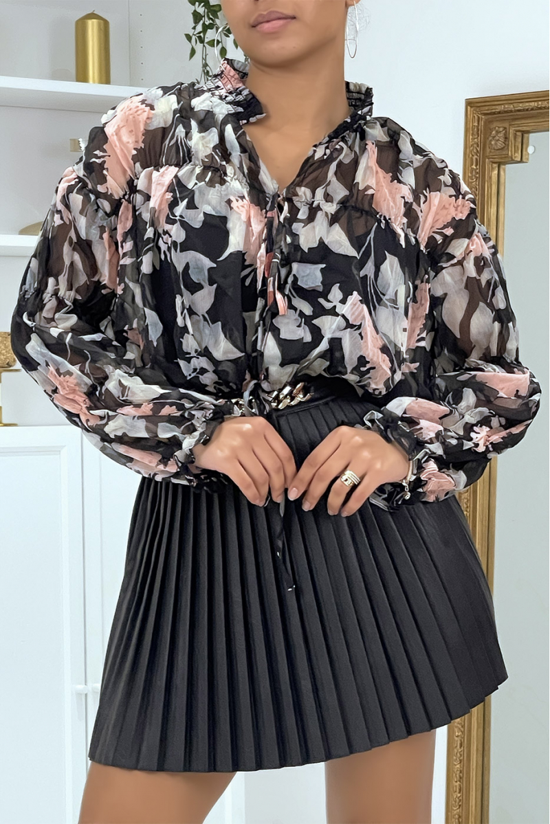 Floral blouse to tie in black tulle