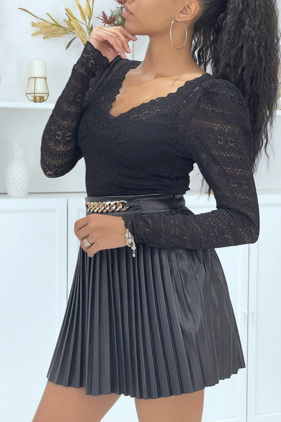 Black lace V-neck top - 2