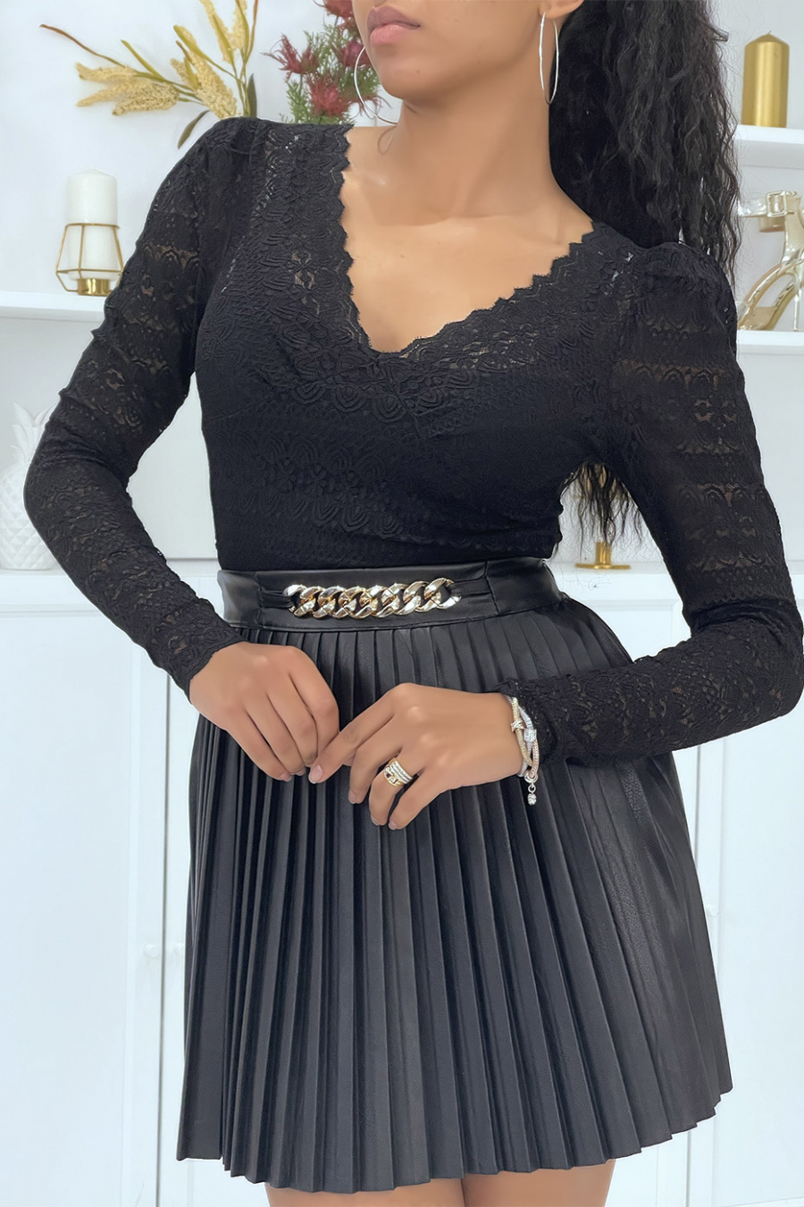Black lace V-neck top - 4