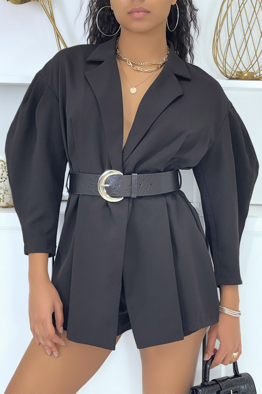 Zwarte blazer playsuit met pofmouwen - 5