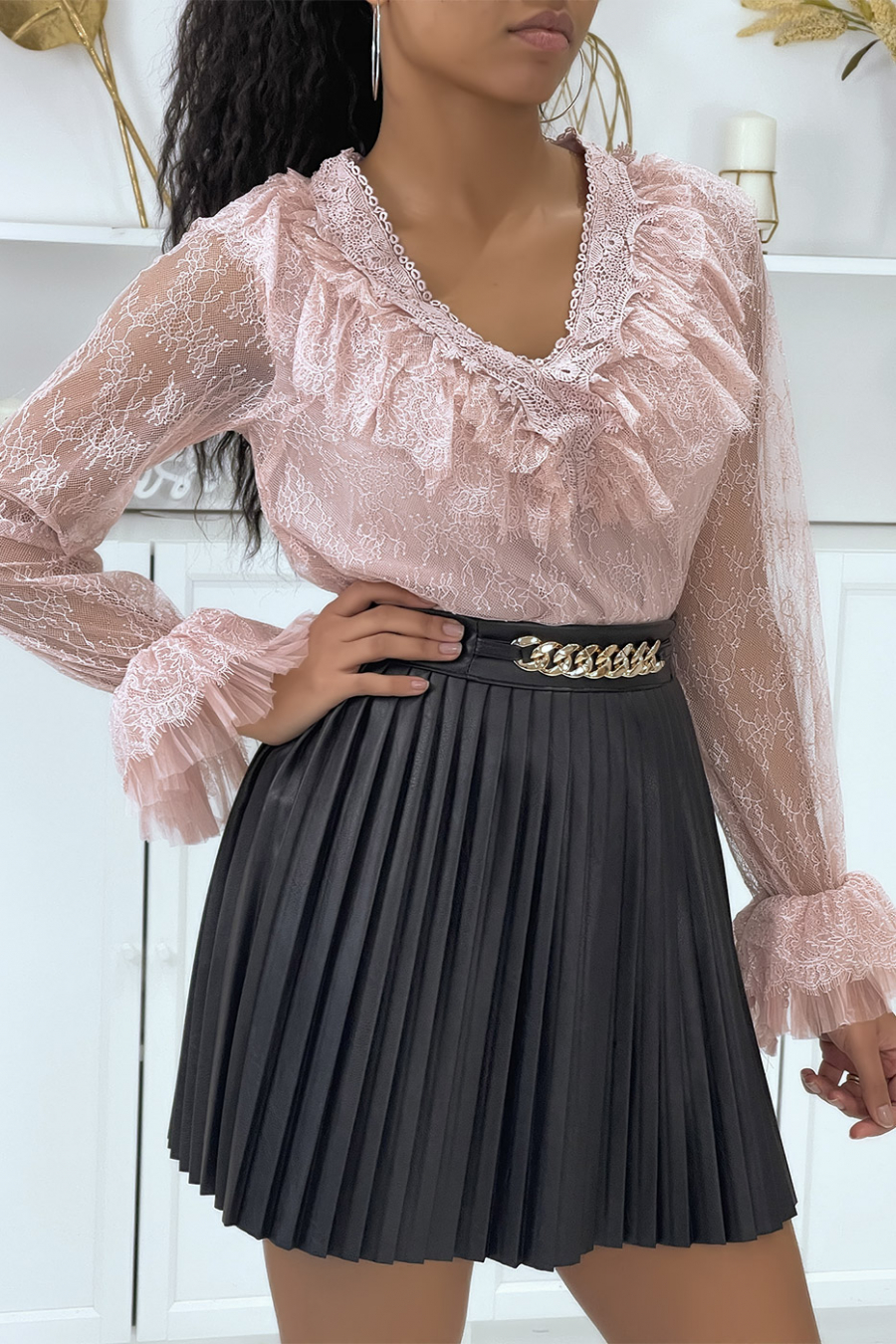 Roze kanten blouse met ruches - 3