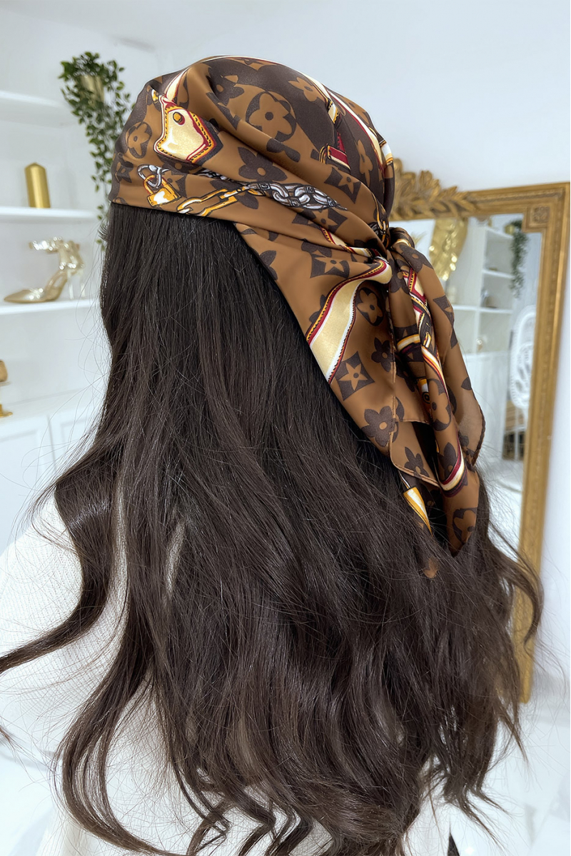 Multipurpose brown silk scarf with luxury print - 1