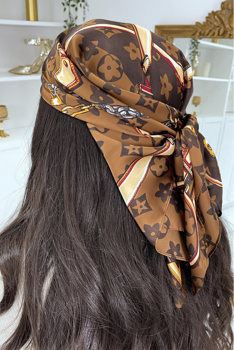 Multipurpose brown silk scarf with luxury print - 2