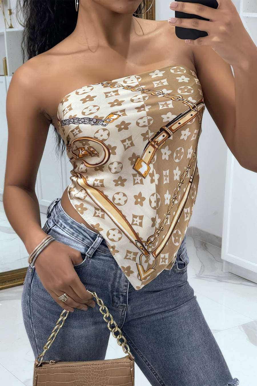 Foulard en soie beige à imprimé luxe - 2