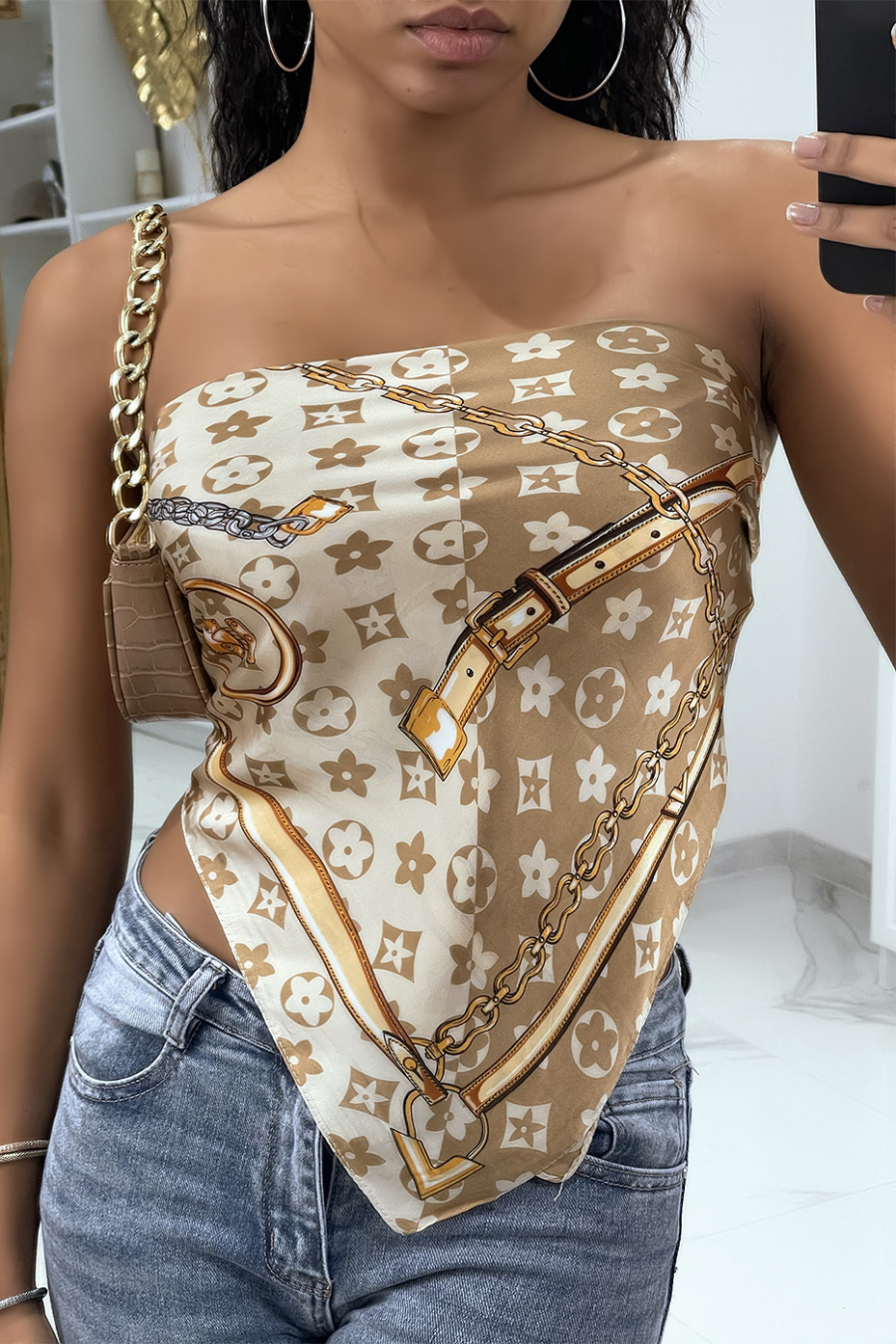 Foulard en soie beige à imprimé luxe - 3