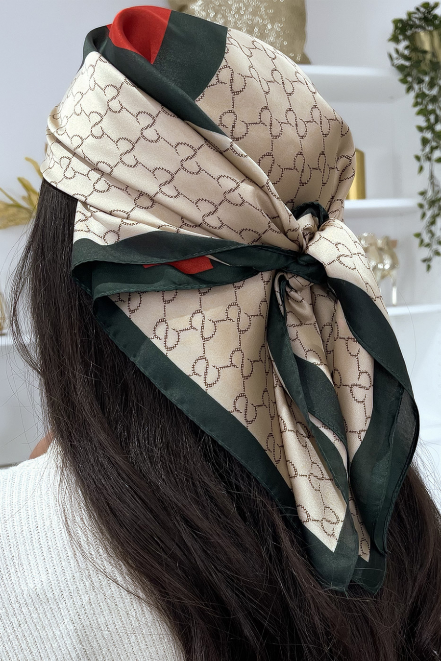 Beige silk scarf with luxury print and red band - 1