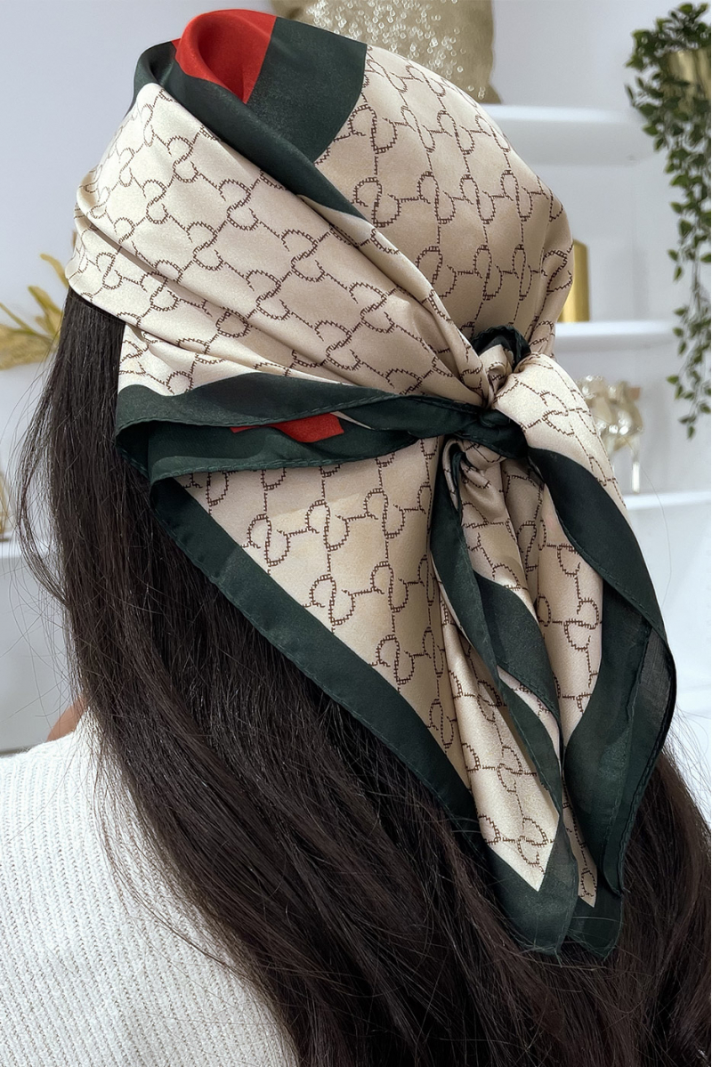 Beige silk scarf with luxury print and red band - 1