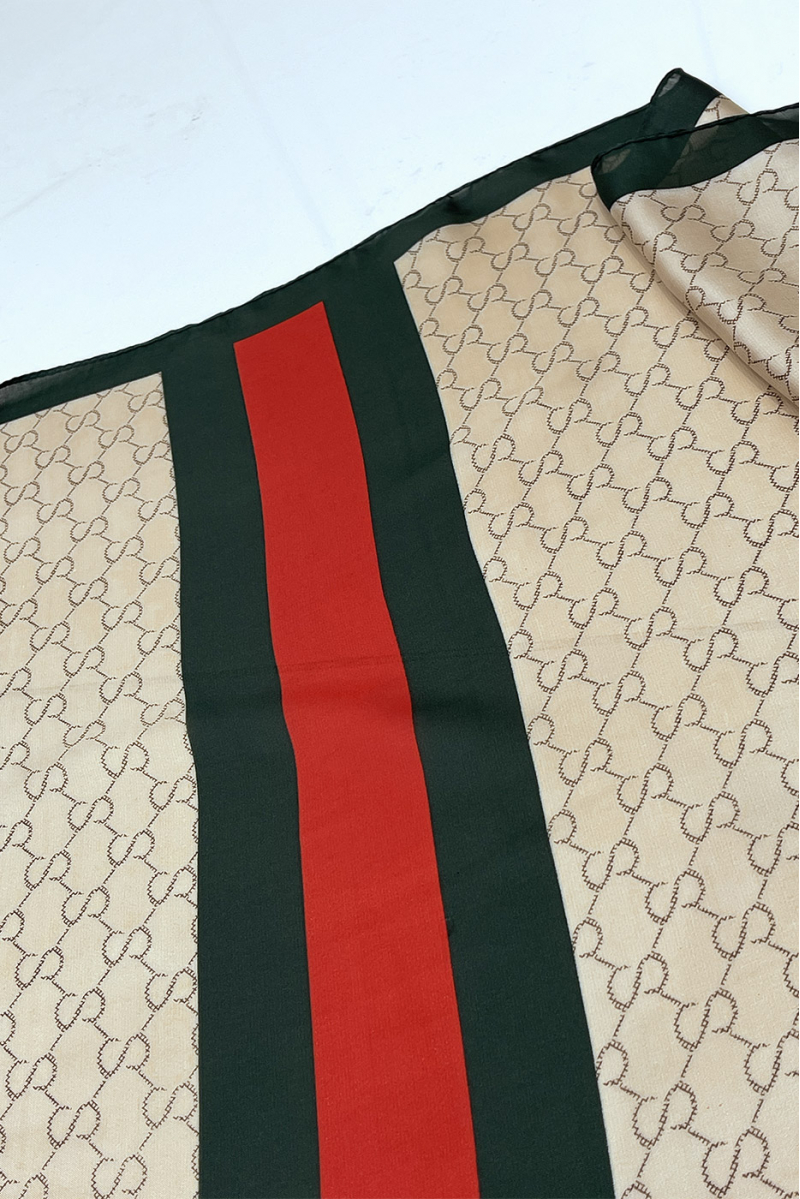 Beige silk scarf with luxury print and red band - 2