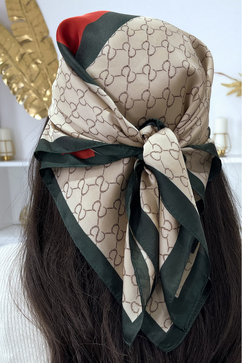 Beige silk scarf with luxury print and red band - 3