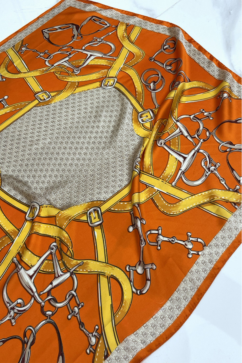 Luxury Chain Print Orange Silk Scarf - 3