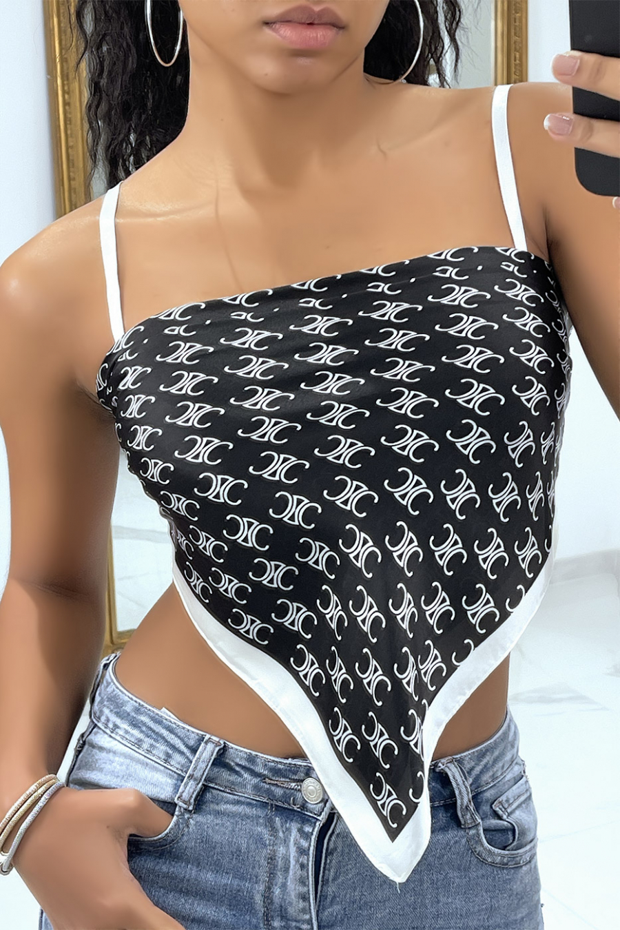 Multipurpose black silk scarf with luxury "C" print - 1