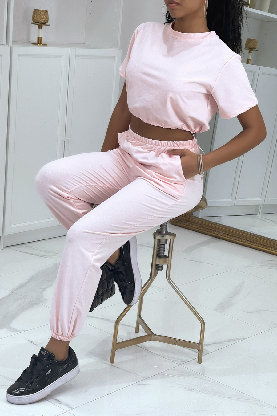 Pink Crop Top Jogger Set - 2