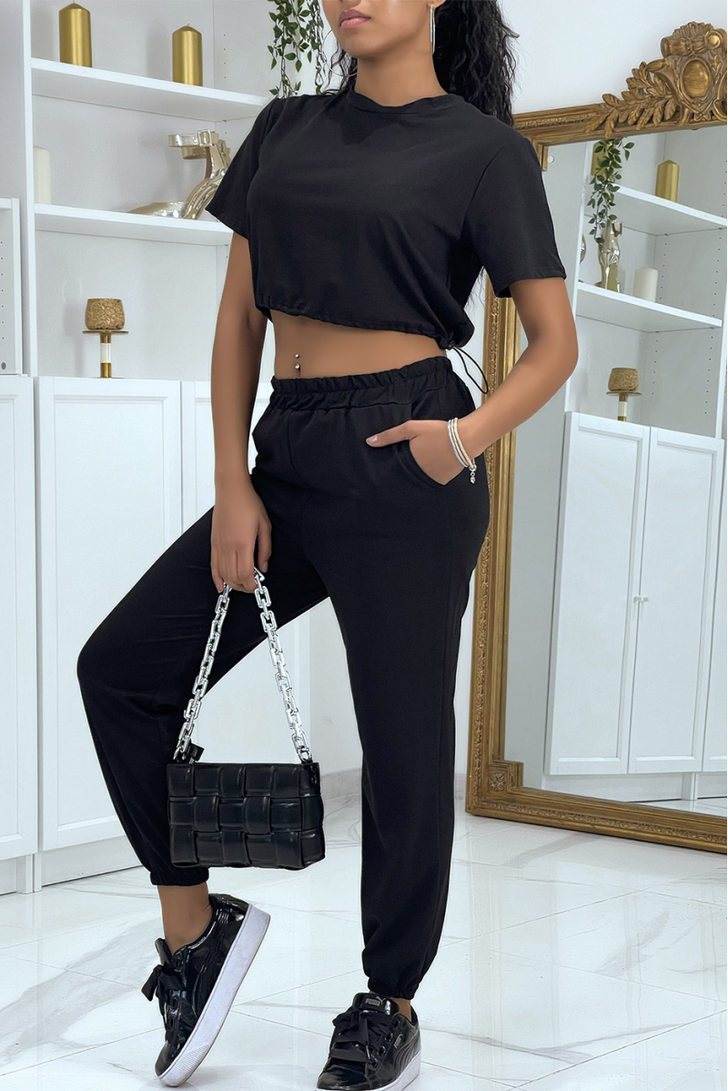 Black Crop Top Jogger Set - 3
