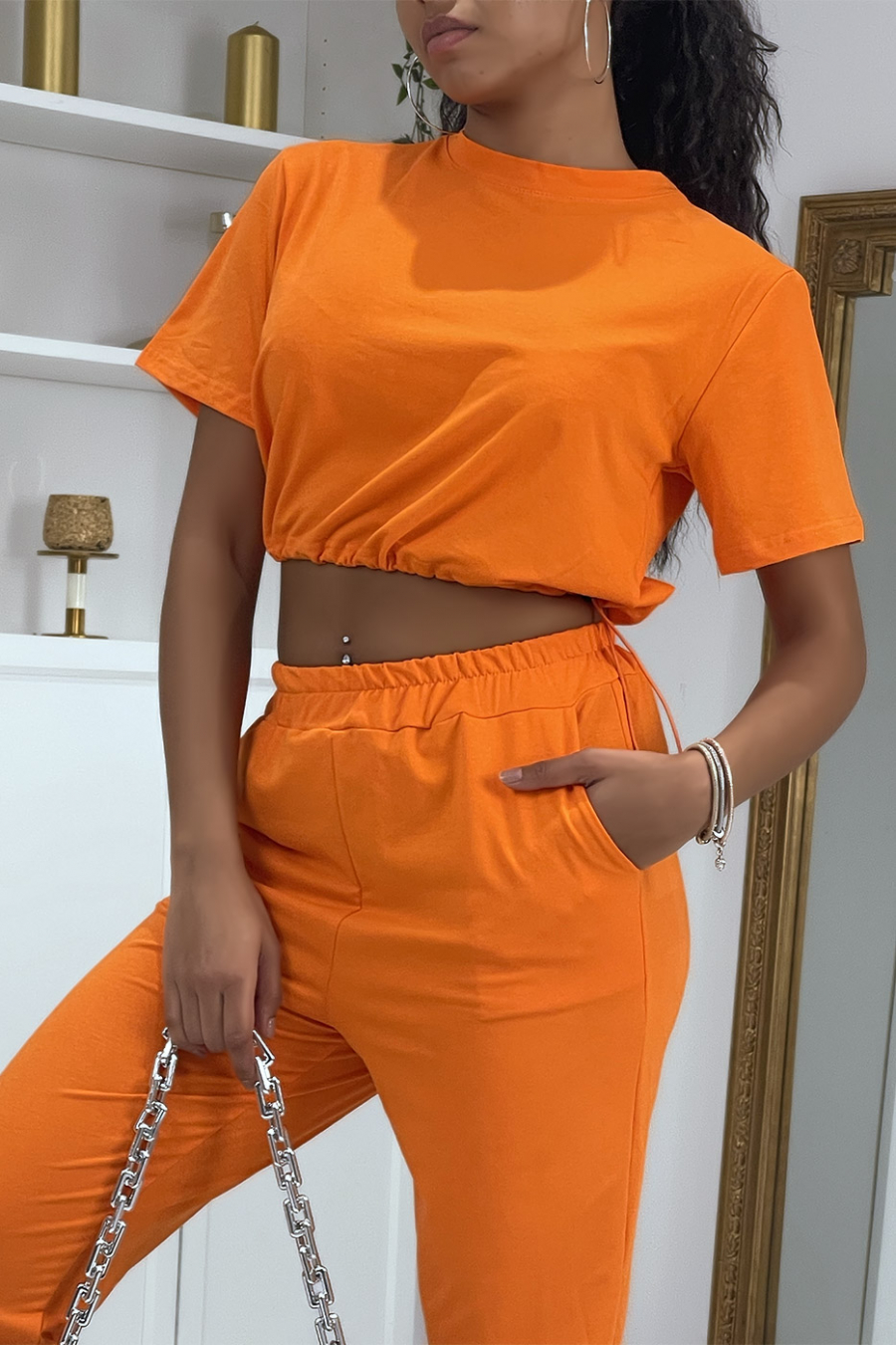 Oranje crop-top joggingset - 3