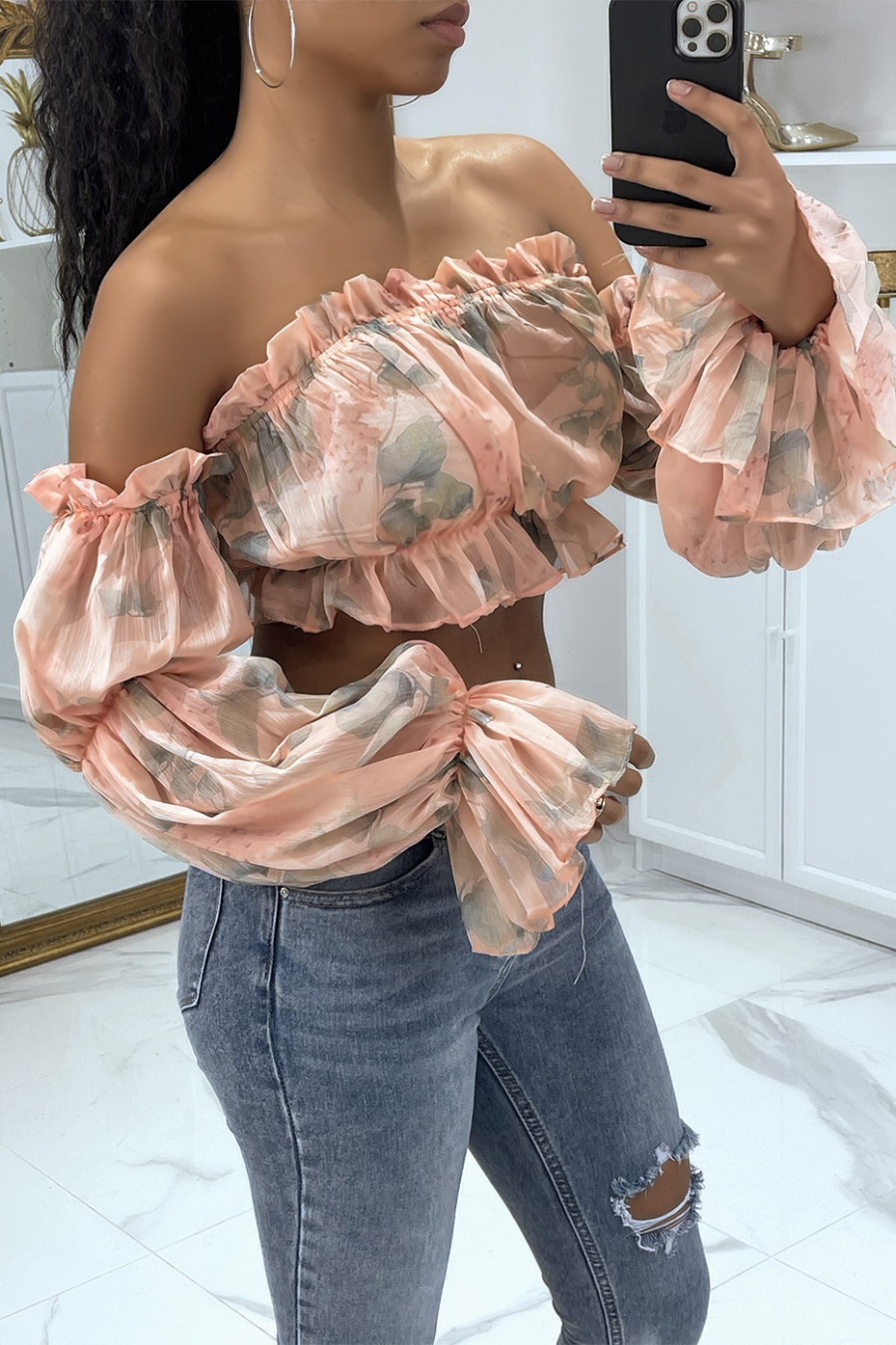 Roze crop top met lange mouwen en bloemen - 5