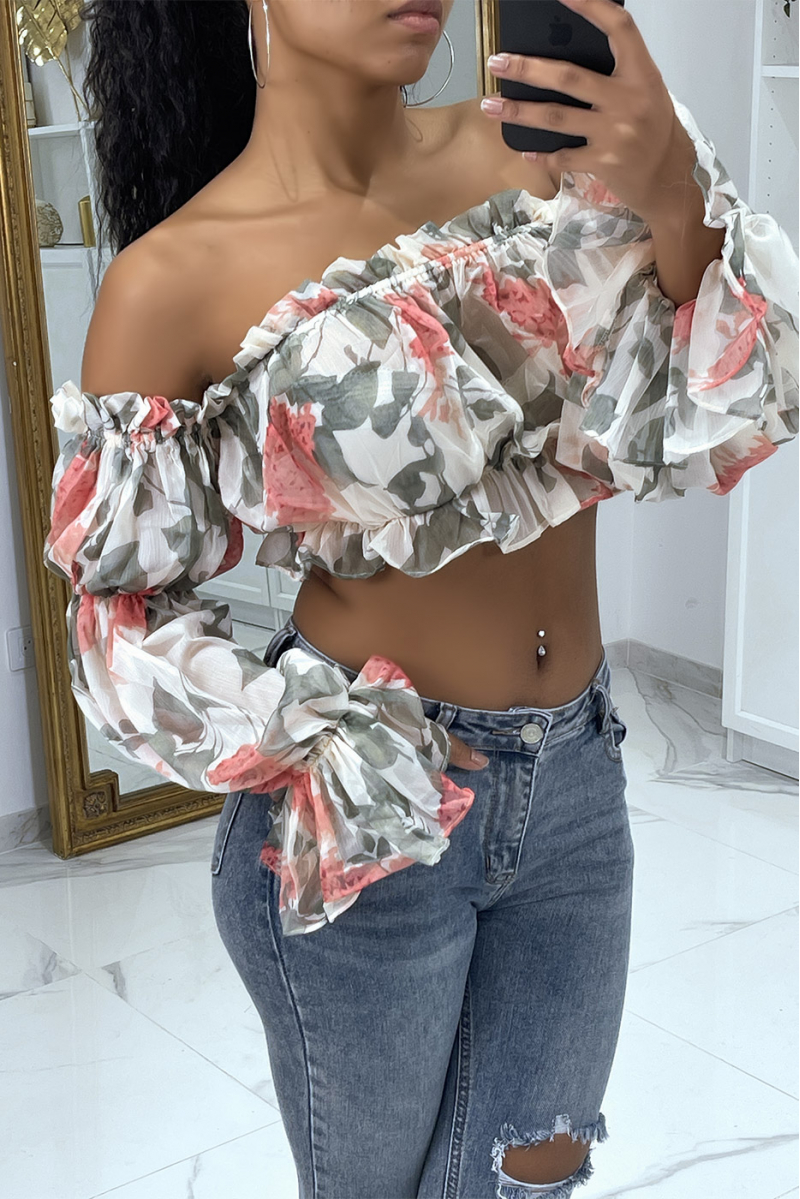 Crop top blanc à manches longues fleuri - 2