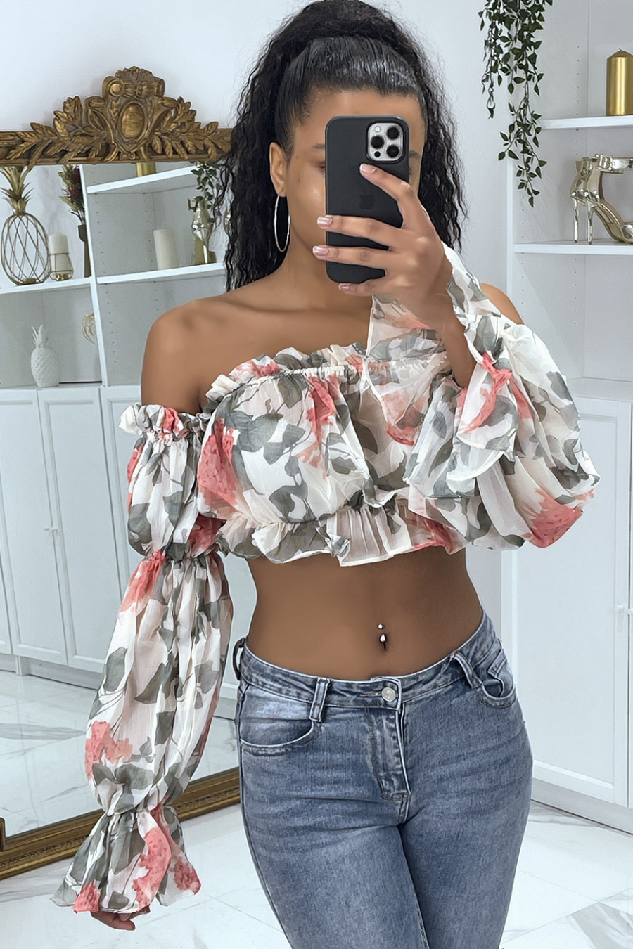 White Floral Long Sleeve Crop Top - 3