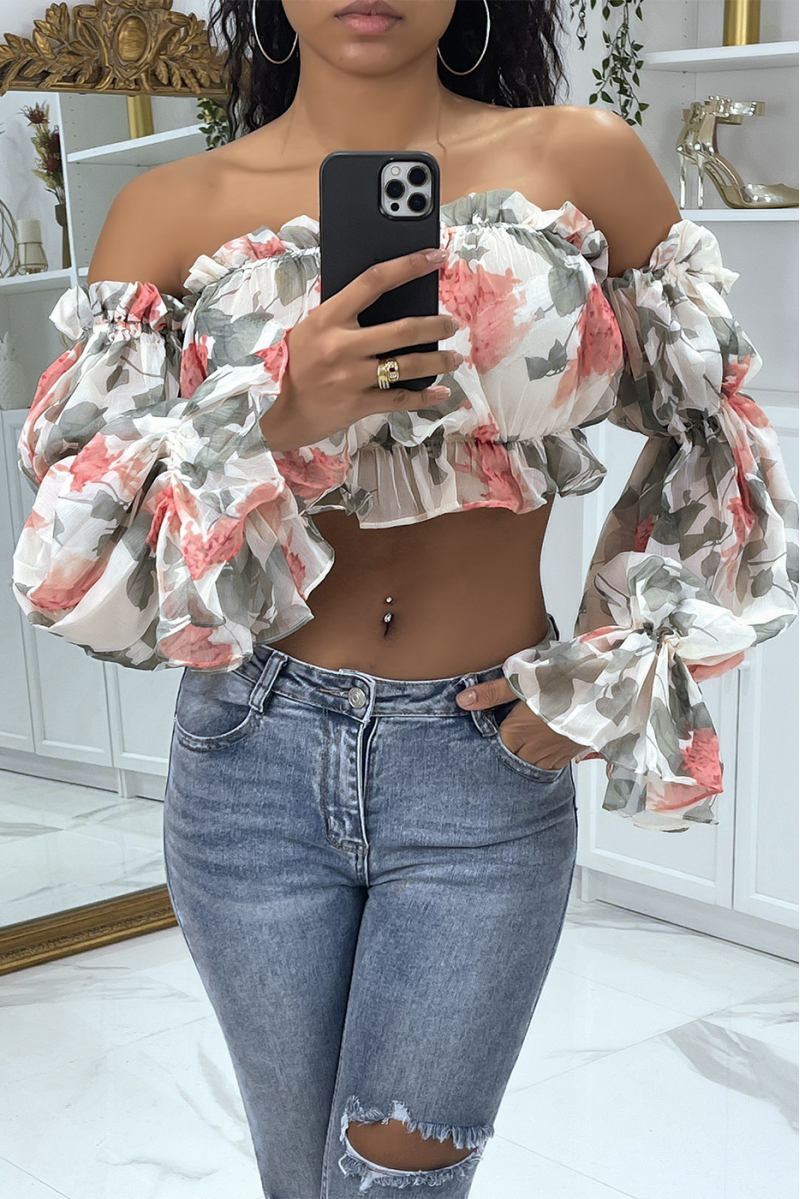 Witte crop top met lange mouwen en bloemen - 4 Witte crop top met lange mouwen en bloemen - 4