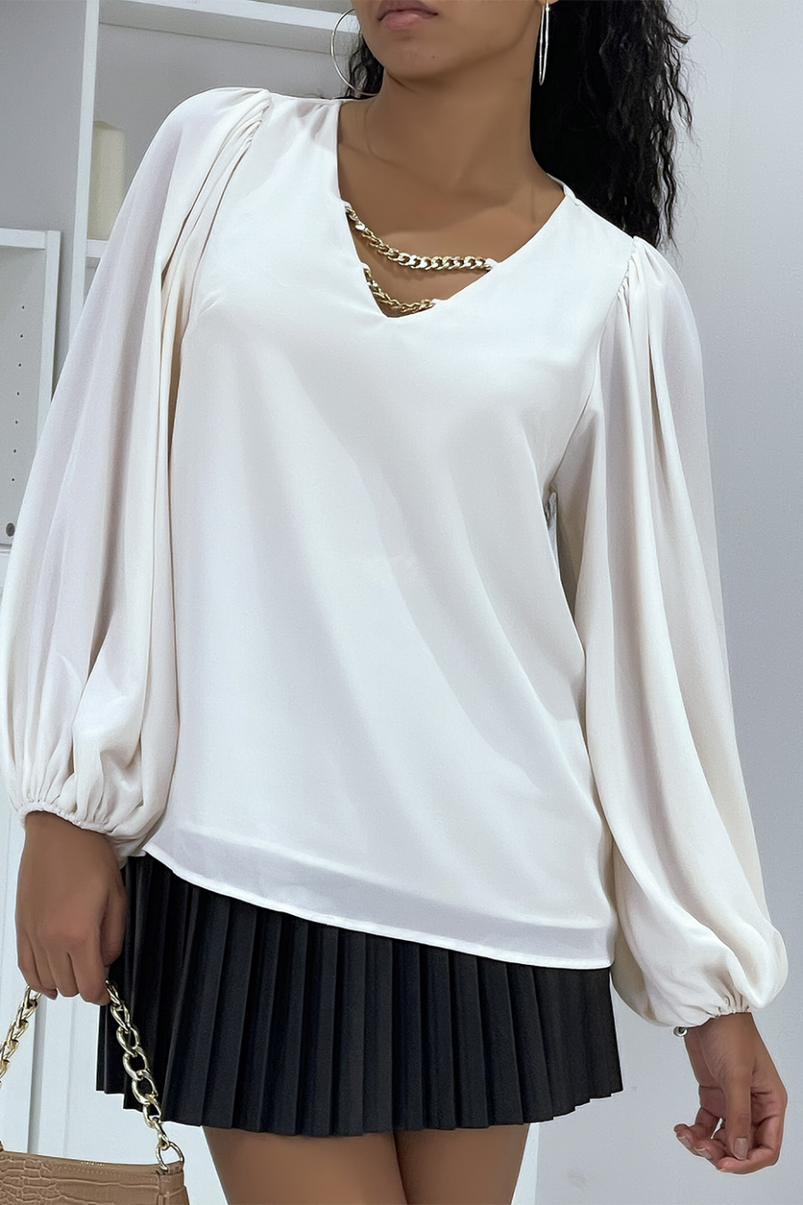 Beige blouse met pofmouwen en kraagaccessoire - 1