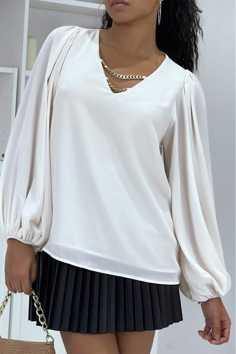 Beige puff sleeve blouse with collar accessory - 1