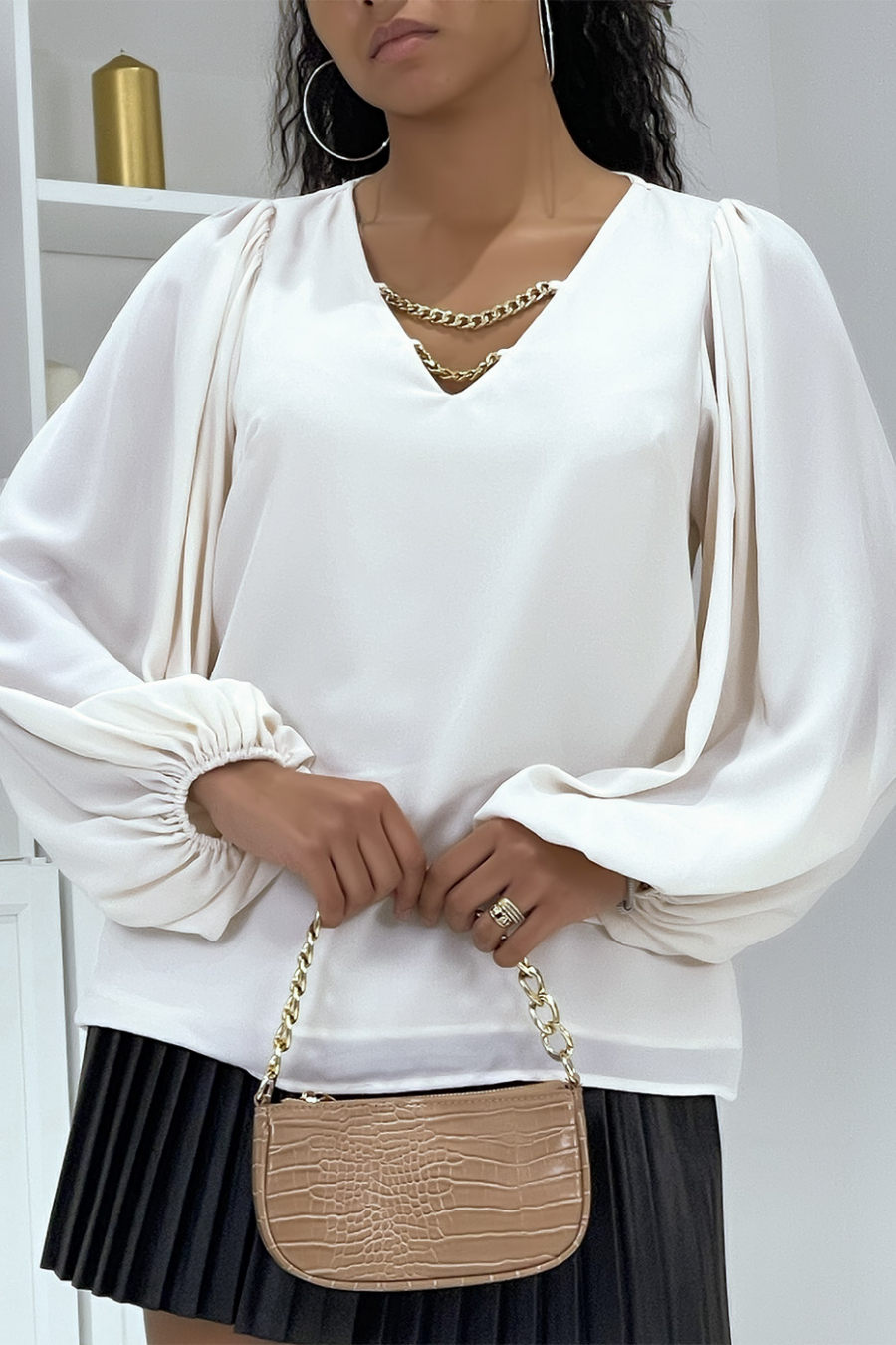 Blouse beige manches bouffante avec accessoire au col - 6