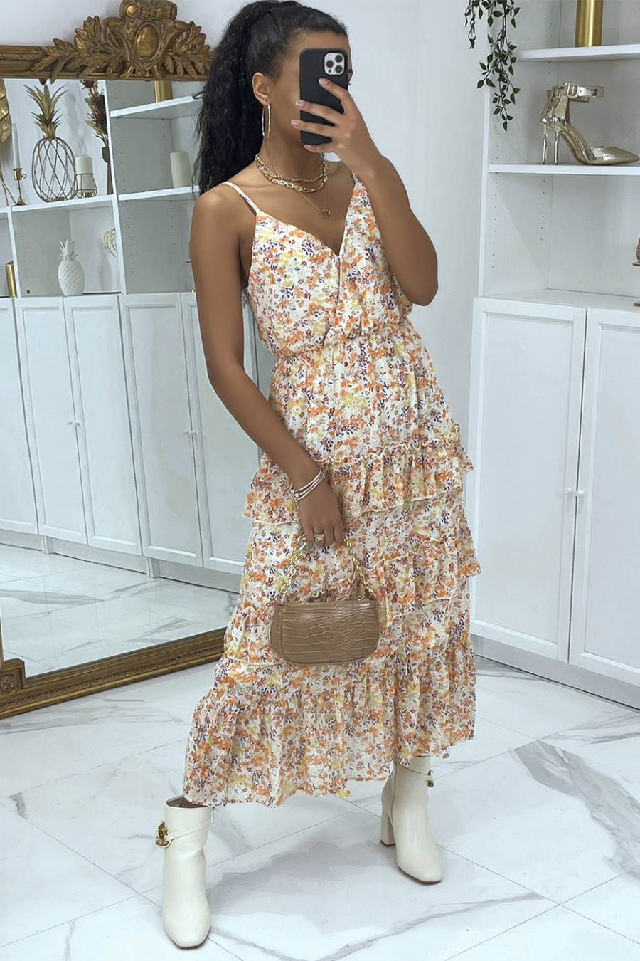 Long yellow floral dress with ruffled strap - 1