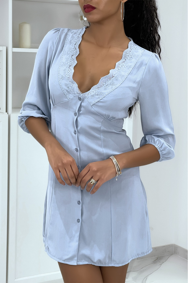 Blue buttoned summer dress with lace - 5