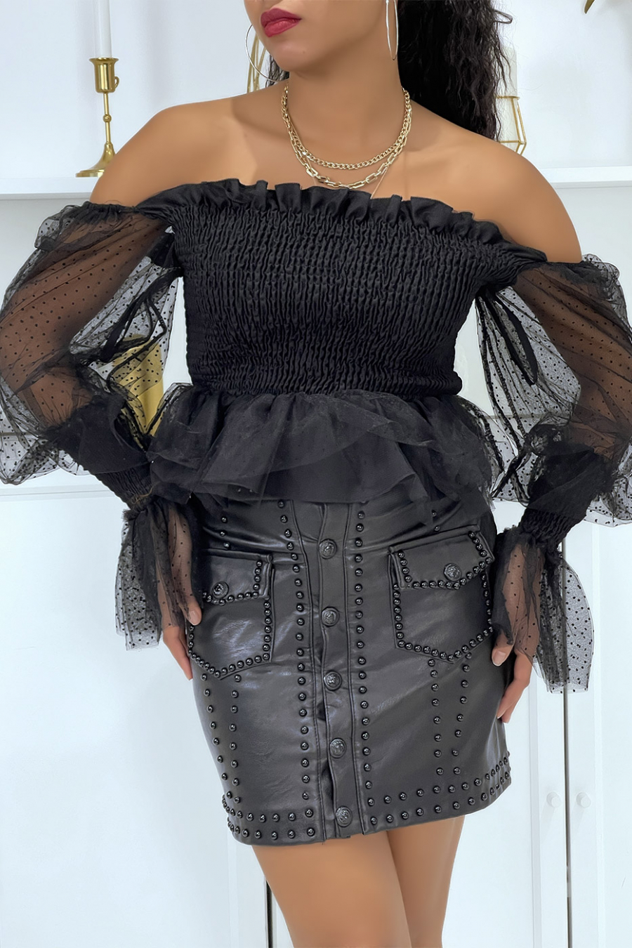 Black boat neck top with flounce and voile sleeves - 1