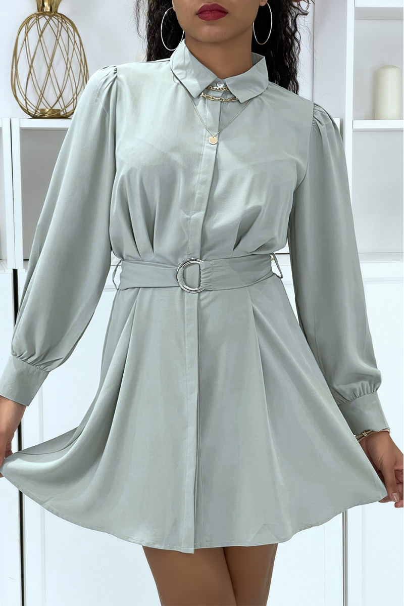 Green buttoned shirt dress with belt - 5