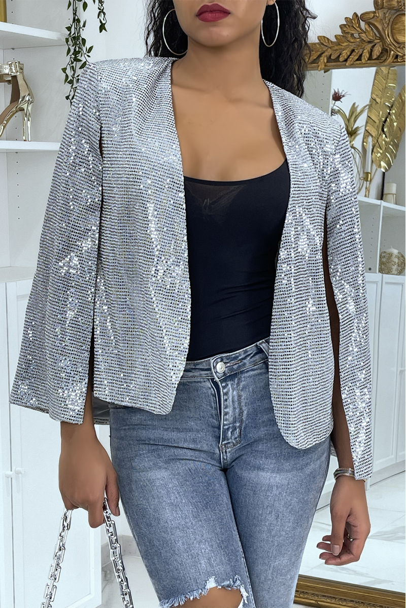 Silver and sequined poncho-style blazer jacket - 3