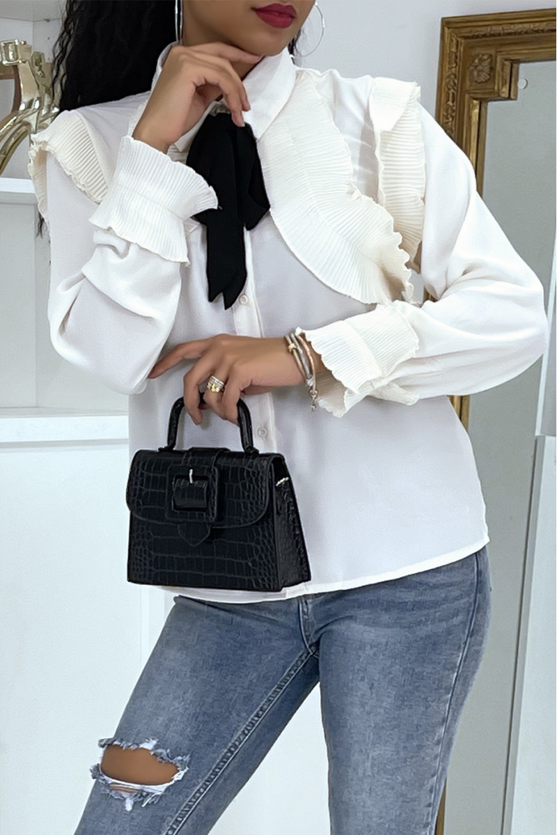 Ecru shirt with pleated ruffle and bow at the collar - 1