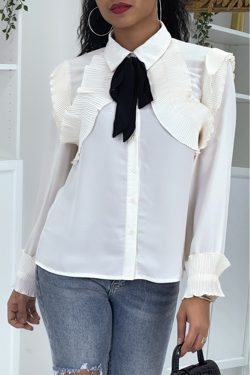 Ecru shirt with pleated ruffle and bow at the collar - 3