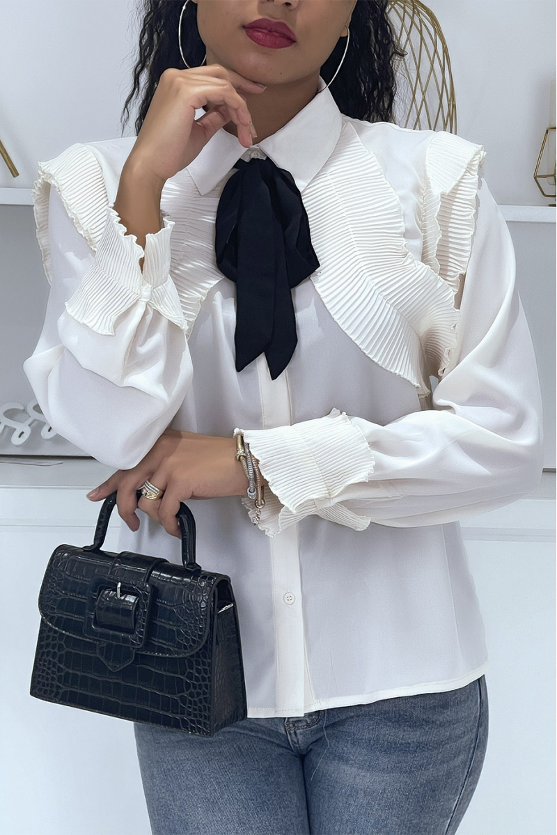 Ecru shirt with pleated ruffle and bow at the collar - 6